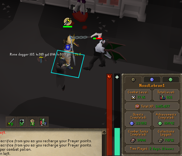 The account fighting a Vyrewatch Sentinel in Darkmeyer, with the stats panel showing 2 days 11 hours played
